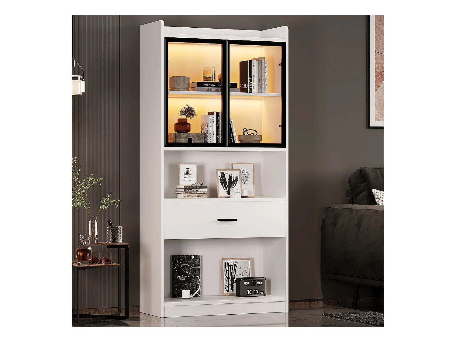 Vitrine collection éclairée, portes verre, panneau particules blanc/noir, 1 tiroir, LED 16 couleurs (35.2x80x153.5cm)