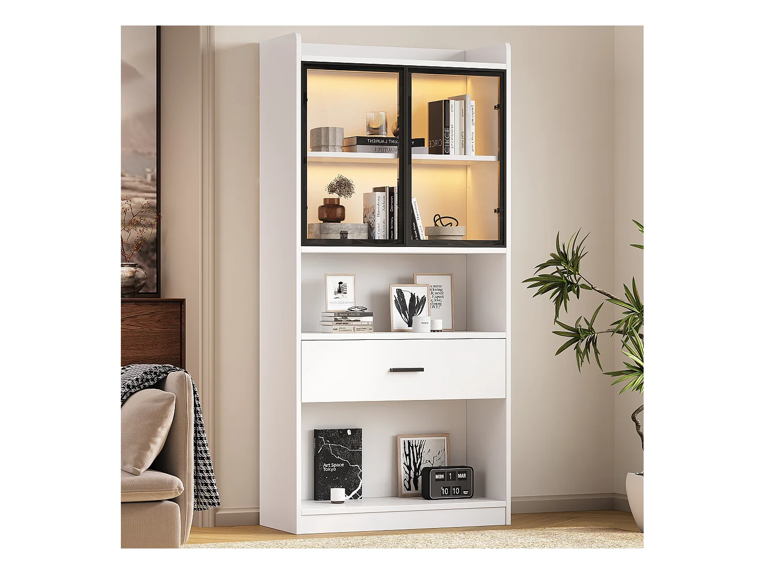 Vitrine collection éclairée, portes verre, panneau particules blanc/noir, 1 tiroir, LED 16 couleurs (35.2x80x153.5cm)