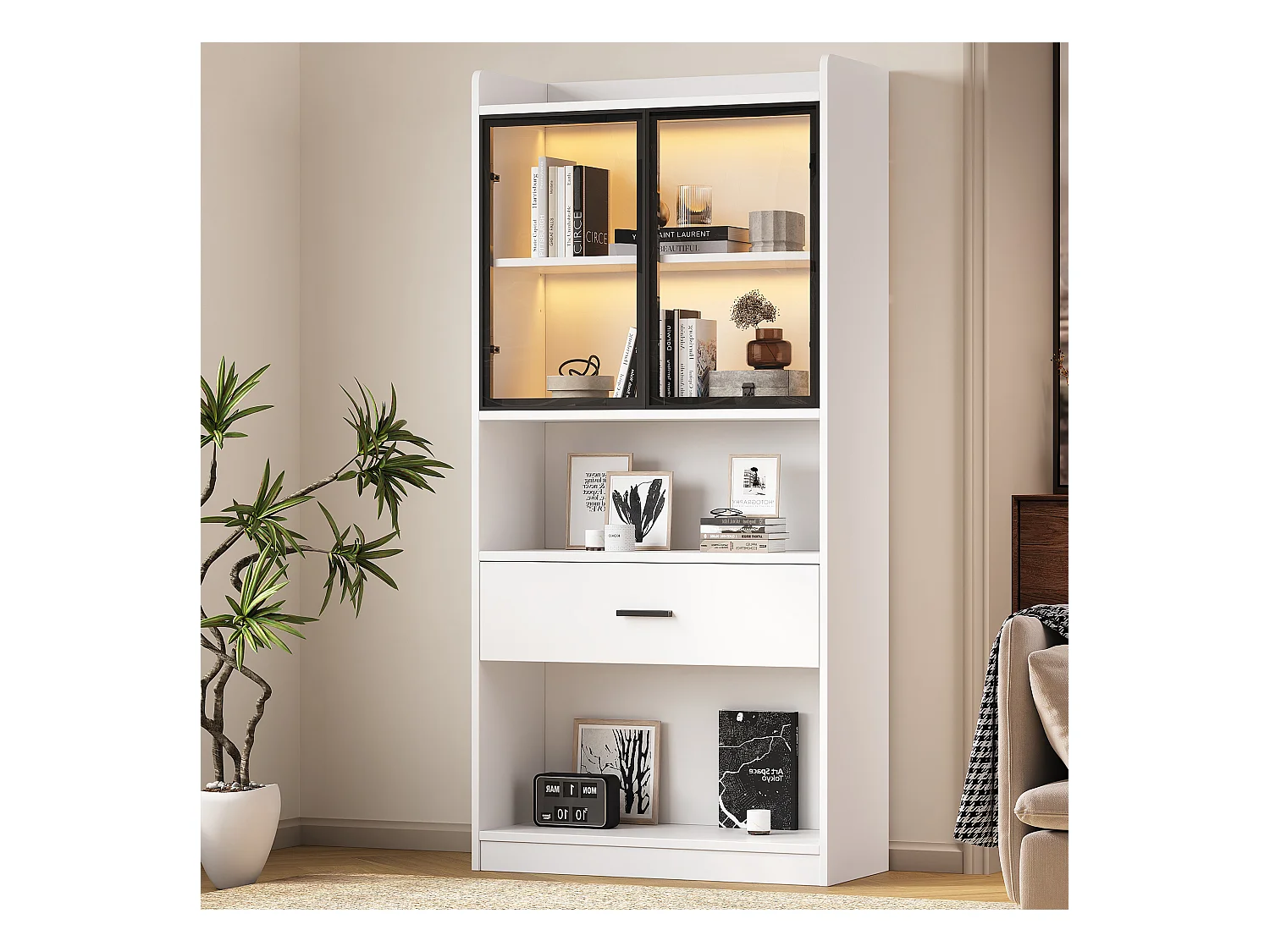 Vitrine collection éclairée, portes verre, panneau particules blanc/noir, 1 tiroir, LED 16 couleurs (35.2x80x153.5cm)