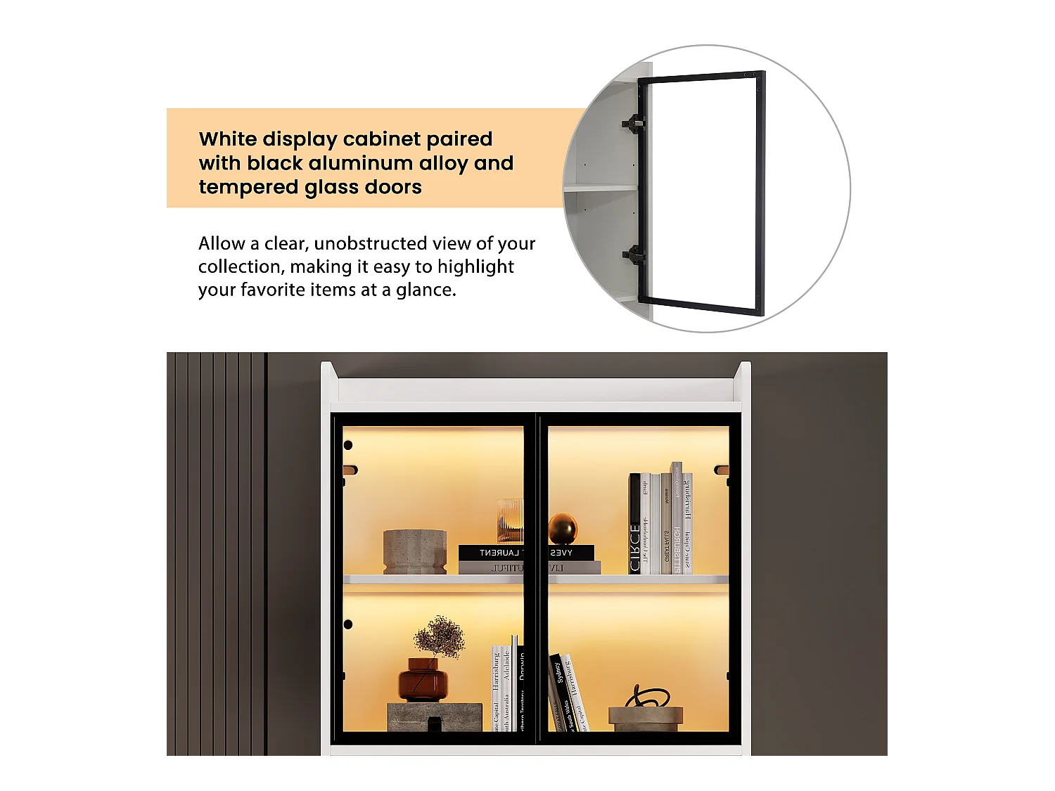 Vitrine collection éclairée, portes verre, panneau particules blanc/noir, 1 tiroir, LED 16 couleurs (35.2x80x153.5cm)