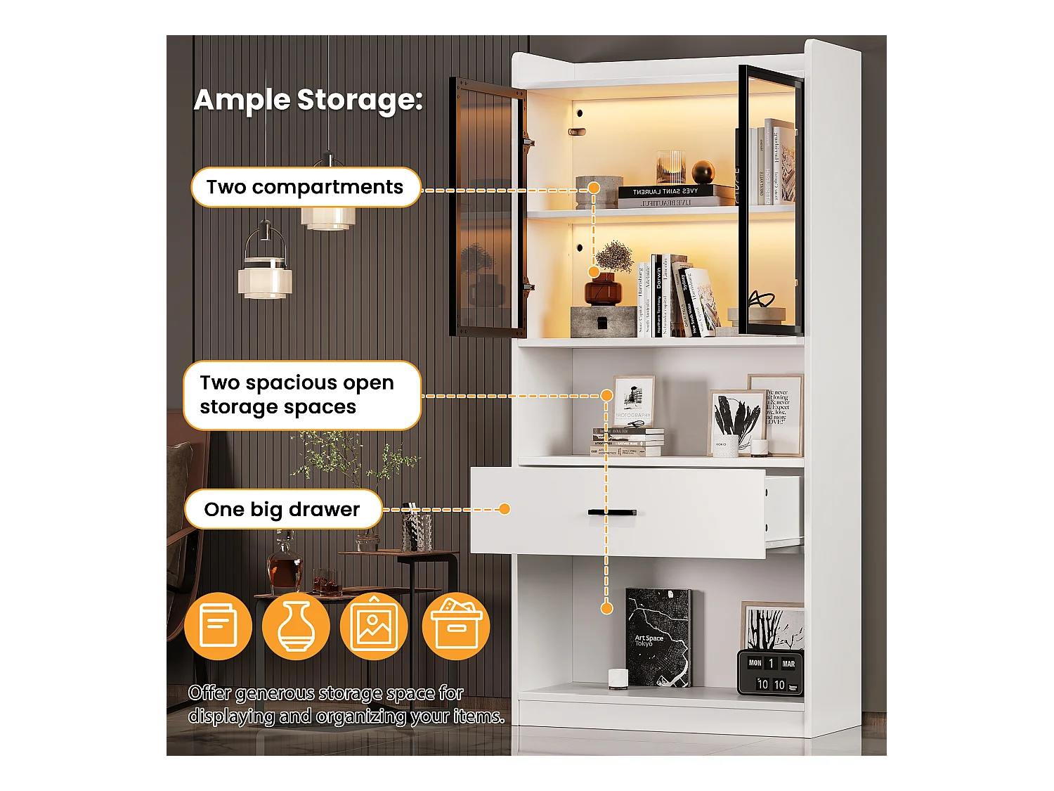 Vitrine collection éclairée, portes verre, panneau particules blanc/noir, 1 tiroir, LED 16 couleurs (35.2x80x153.5cm)