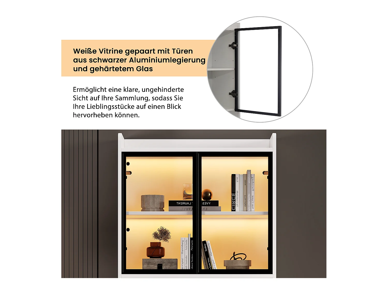 Vitrine collection éclairée, portes verre, panneau particules blanc/noir, 1 tiroir, LED 16 couleurs (35.2x80x153.5cm)