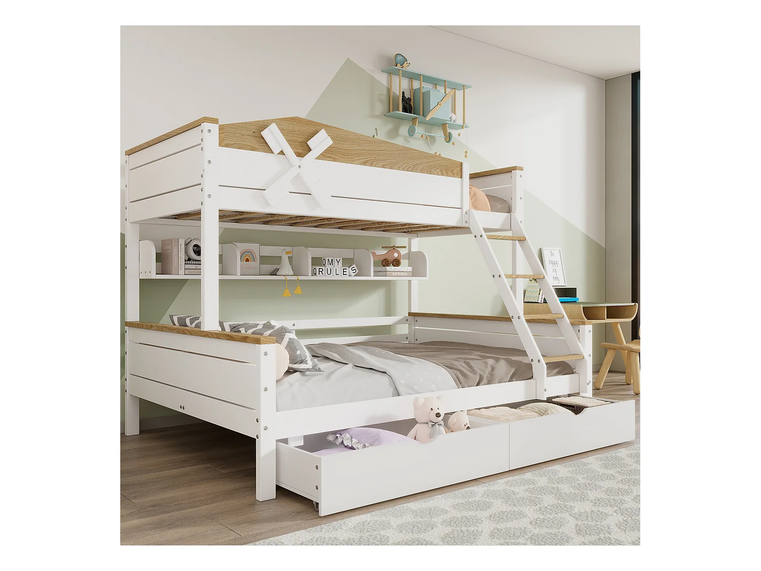 Letto a castello Windmill, mensole, letti singoli/estraibili, barriera colorata, cassetti, pino + MDF bianco/naturale (205x145x155cm)