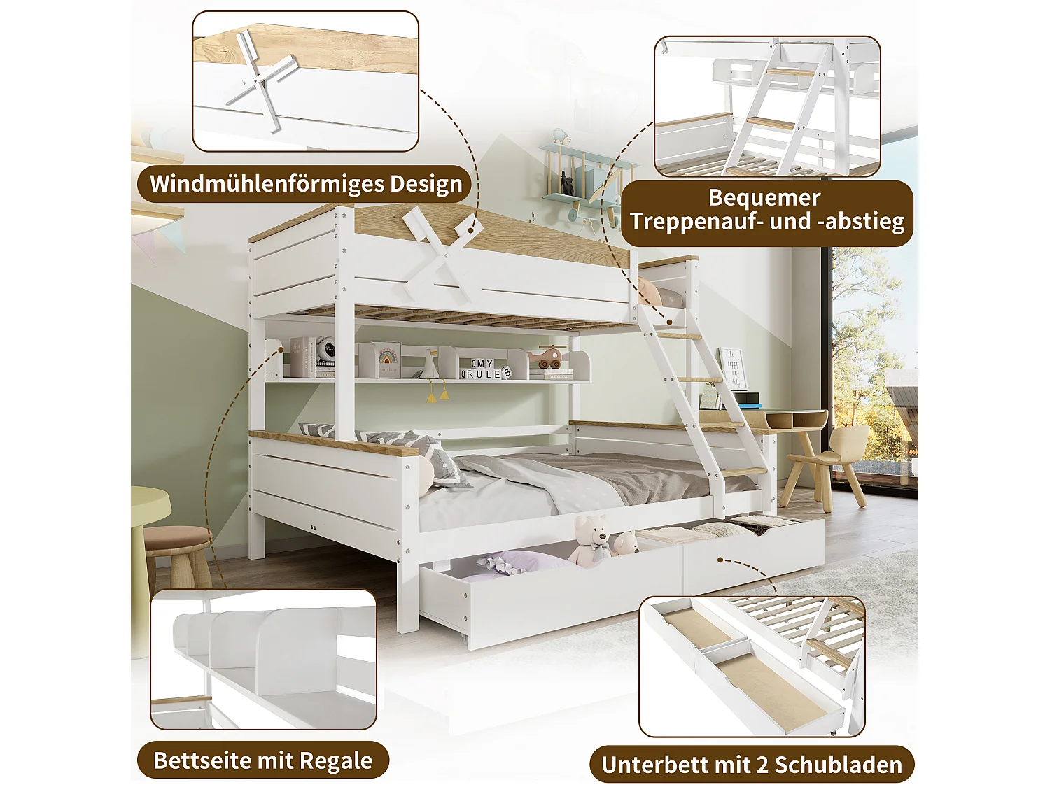 Letto a castello Windmill, mensole, letti singoli/estraibili, barriera colorata, cassetti, pino + MDF bianco/naturale (205x145x155cm)