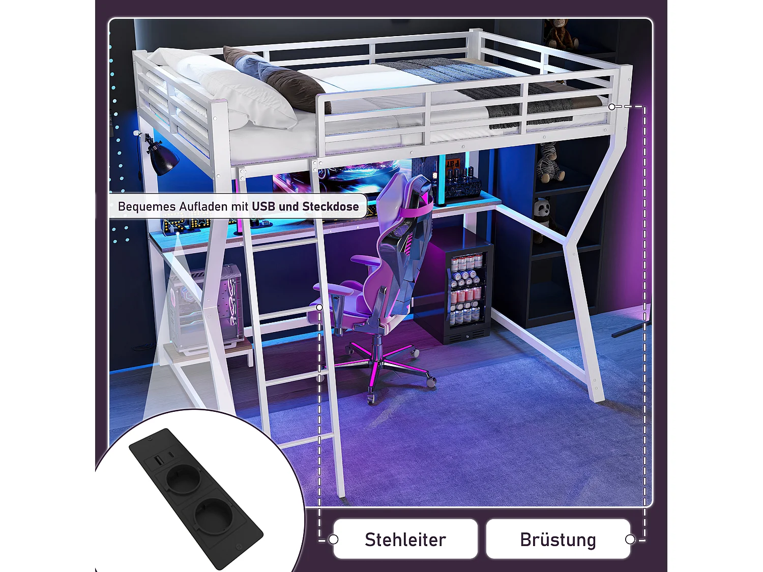 Letto a castello LED, tablet PC, scrivania, prese + USB, corrimano, scale, metallo/MDF bianco (90x200x177,5 cm)