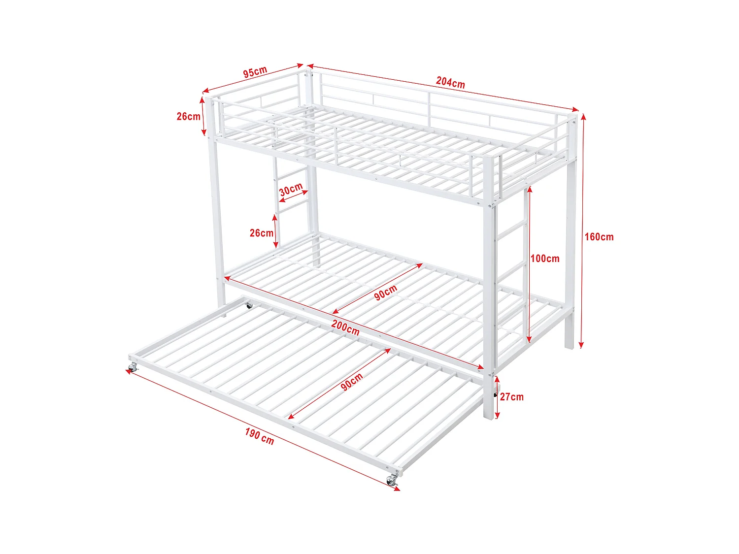 Lit superposé avec lit escamotable, cadre en métal robuste, blanc, pour enfants, certifié EN747 (90x200x160 cm)