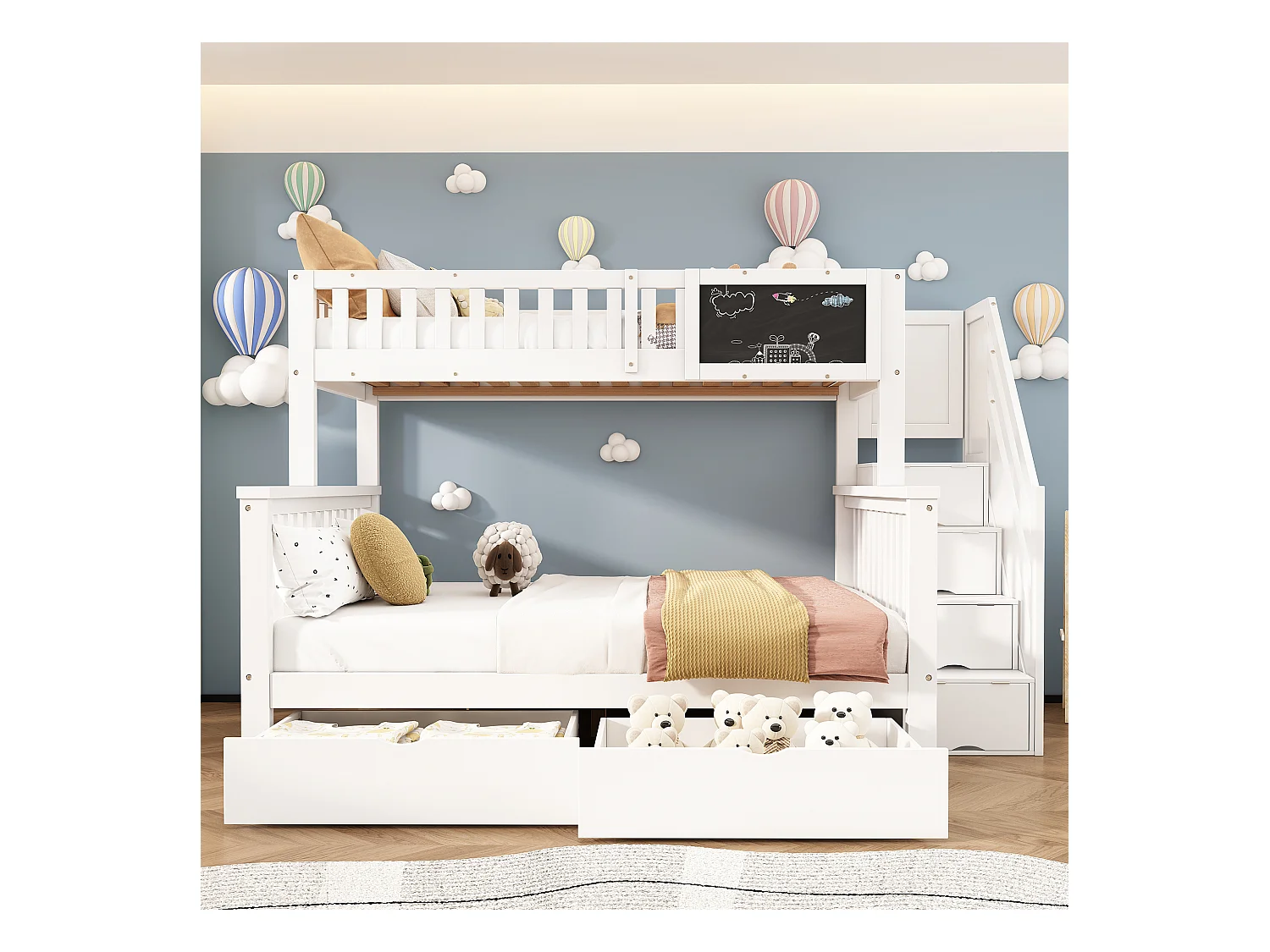Letto a castello multifunzionale per bambini con tavolo e cassetti, in legno massello, bianco (90x200+140x200 cm)