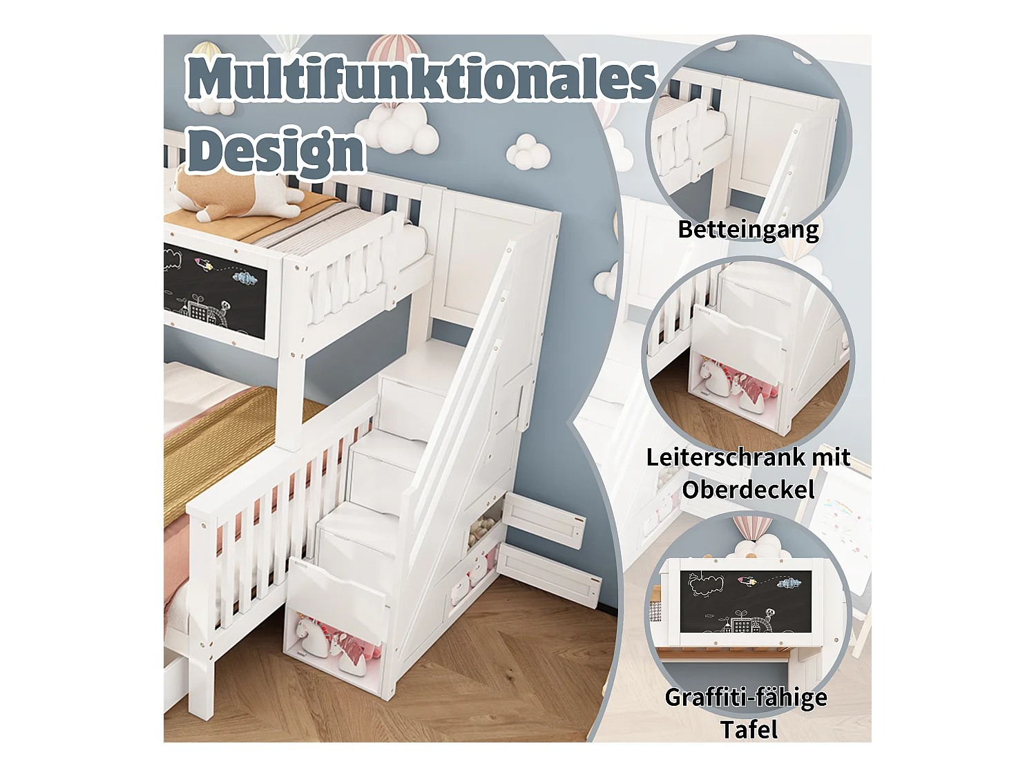 Letto a castello multifunzionale per bambini con tavolo e cassetti, in legno massello, bianco (90x200+140x200 cm)