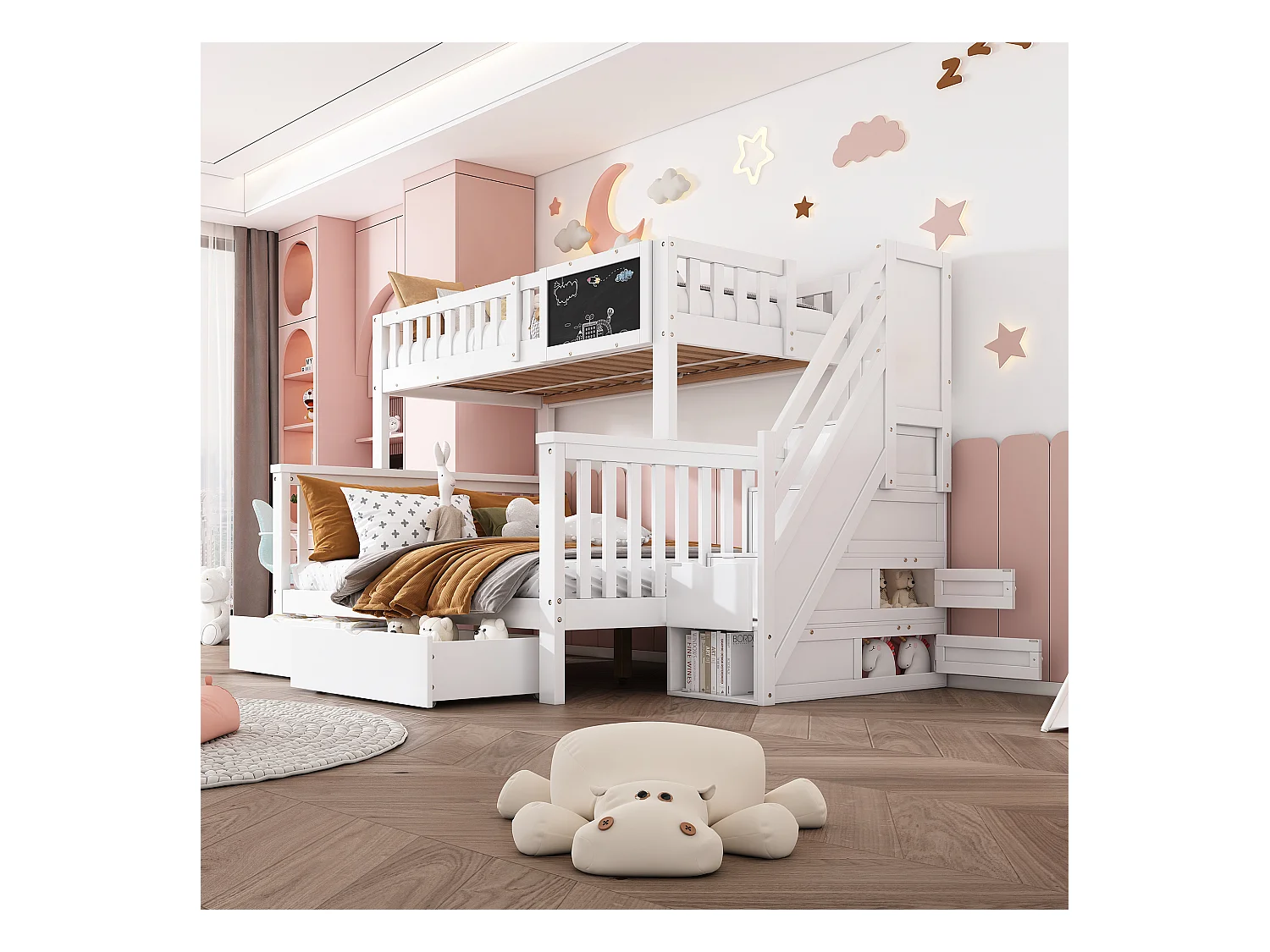 Letto a castello multifunzionale per bambini con tavolo e cassetti, in legno massello, bianco (90x200+140x200 cm)