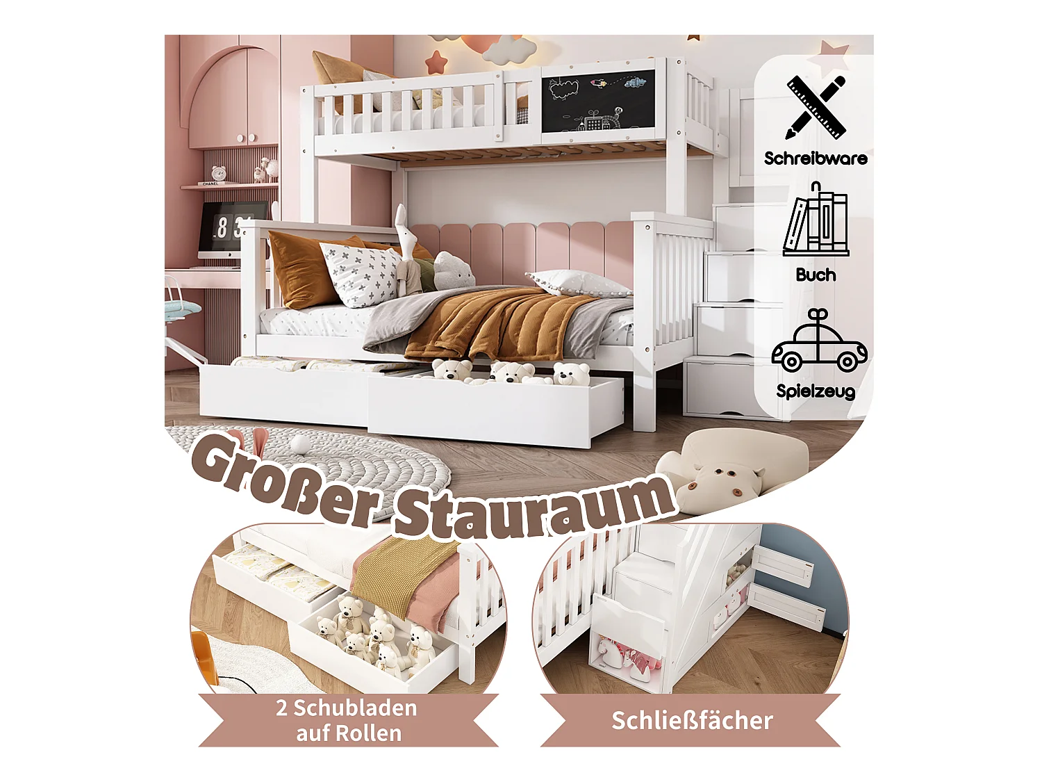 Letto a castello multifunzionale per bambini con tavolo e cassetti, in legno massello, bianco (90x200+140x200 cm)