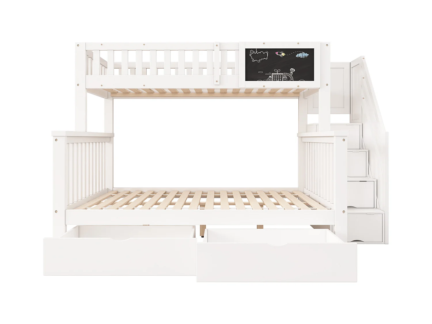 Letto a castello multifunzionale per bambini con tavolo e cassetti, in legno massello, bianco (90x200+140x200 cm)