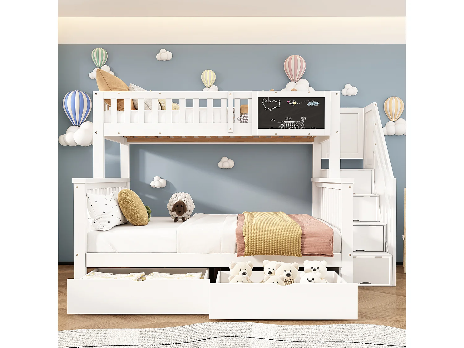 Multifunctioneel kinderstapelbed met tafel en lades, massief hout, wit (90x200+140x200 cm)