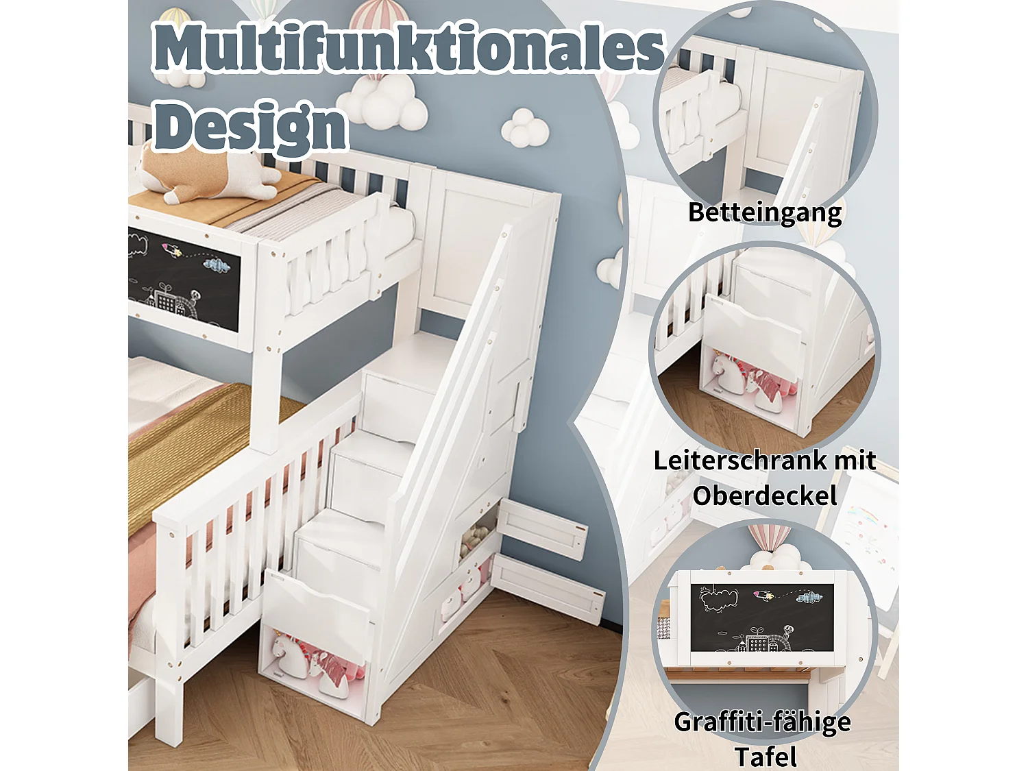 Multifunctioneel kinderstapelbed met tafel en lades, massief hout, wit (90x200+140x200 cm)