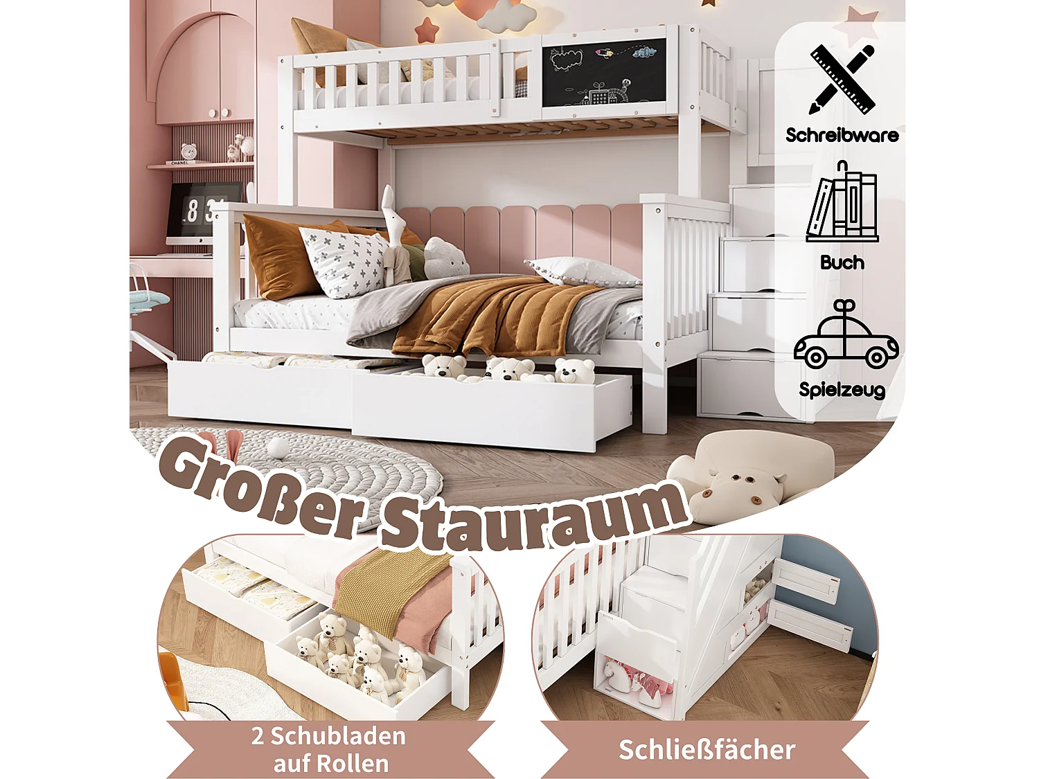 Multifunctioneel kinderstapelbed met tafel en lades, massief hout, wit (90x200+140x200 cm)