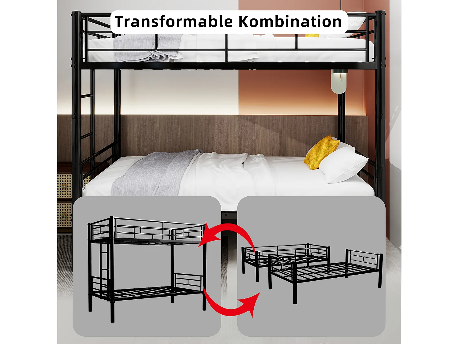 Letto a castello in metallo per bambini, struttura robusta con scaletta e spondina di protezione, trasformabile in 2 letti, nero (196x103x156 cm)