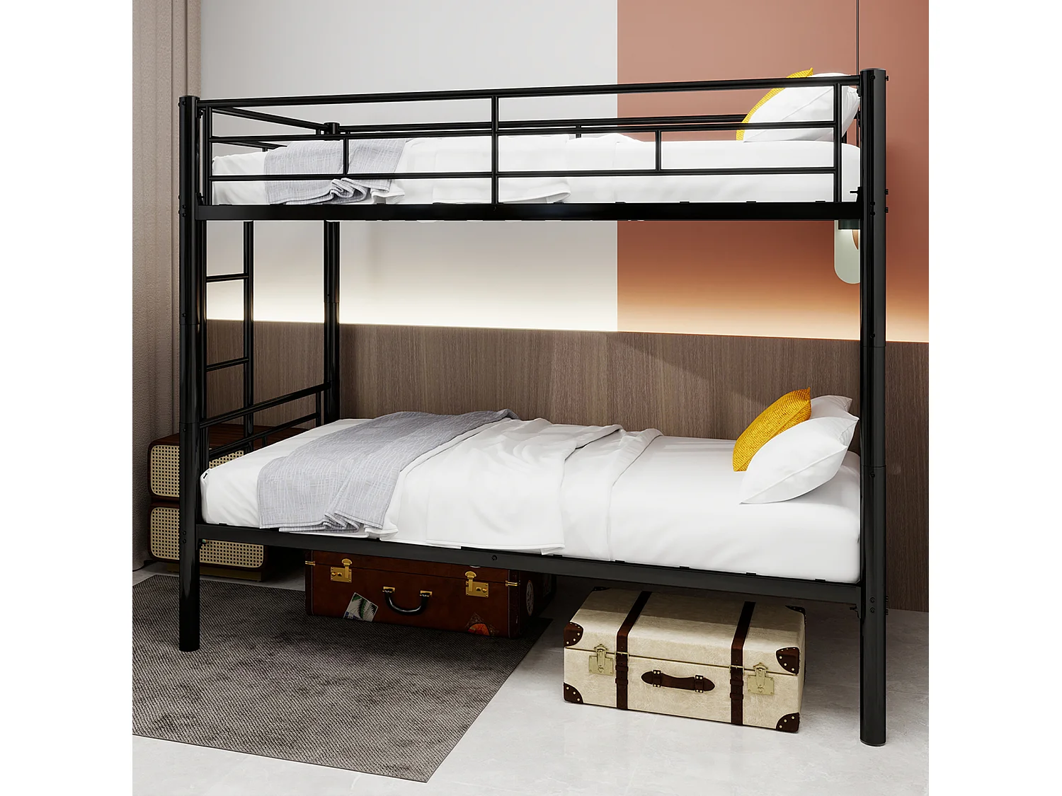 Letto a castello in metallo per bambini, struttura robusta con scaletta e spondina di protezione, trasformabile in 2 letti, nero (196x103x156 cm)