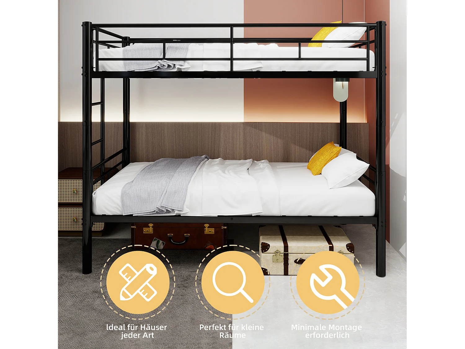 Letto a castello in metallo per bambini, struttura robusta con scaletta e spondina di protezione, trasformabile in 2 letti, nero (196x103x156 cm)