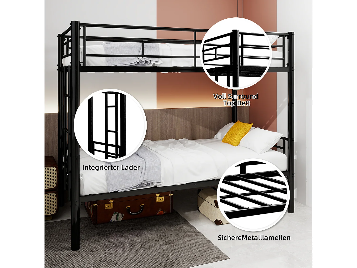 Letto a castello in metallo per bambini, struttura robusta con scaletta e spondina di protezione, trasformabile in 2 letti, nero (196x103x156 cm)