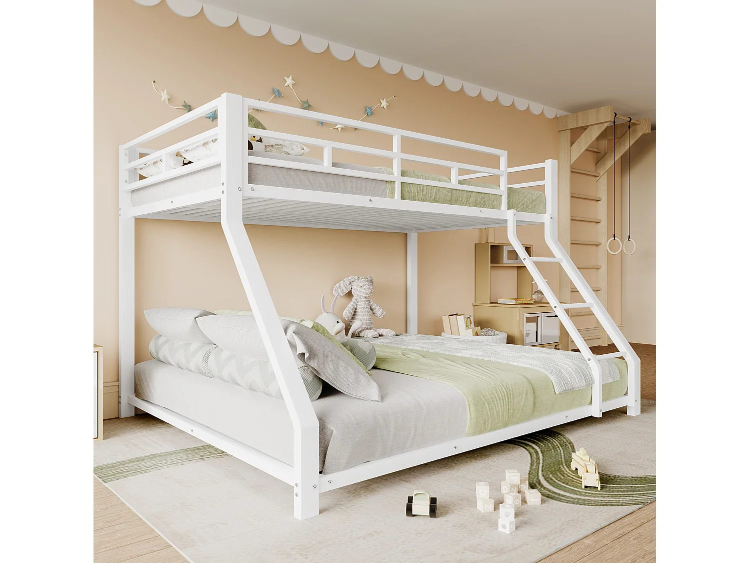 Letto a castello con sponda e scaletta, metallo, bianco, certificato EN747 (90x200cm/140x200cm) (204x144,5x136cm)