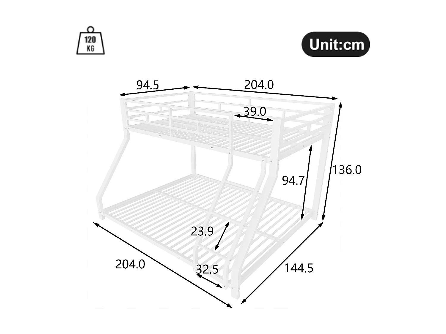 Letto a castello con sponda e scaletta, metallo, bianco, certificato EN747 (90x200cm/140x200cm) (204x144,5x136cm)