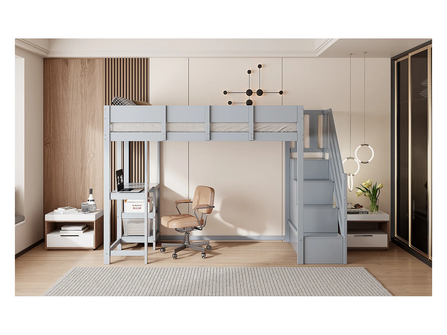 Lit superposé multifonction avec rangement intégré, structure en pin massif, gris, avec échelle et tablette (252x96x160cm)