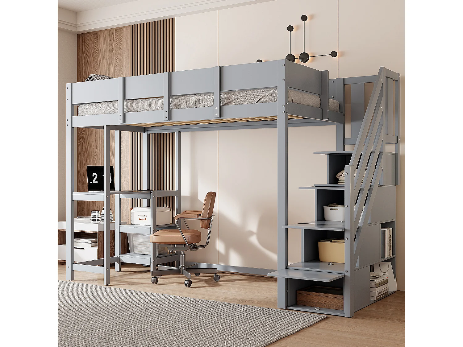 Lit superposé multifonction avec rangement intégré, structure en pin massif, gris, avec échelle et tablette (252x96x160cm)