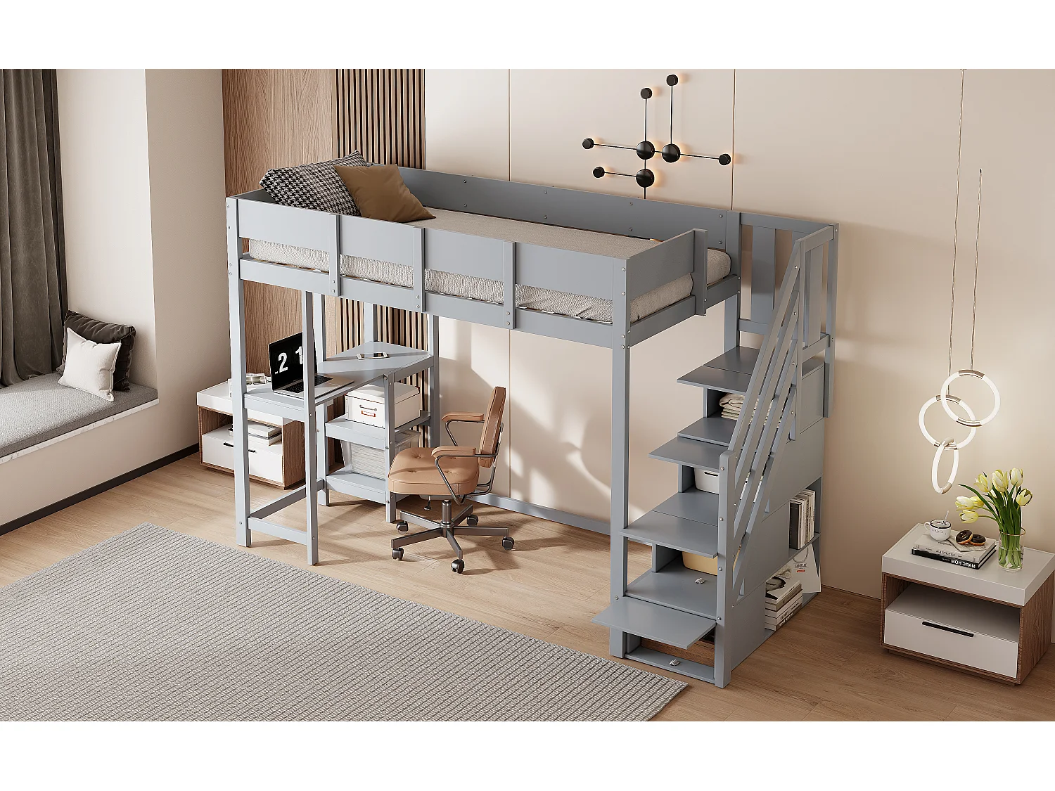 Lit superposé multifonction avec rangement intégré, structure en pin massif, gris, avec échelle et tablette (252x96x160cm)