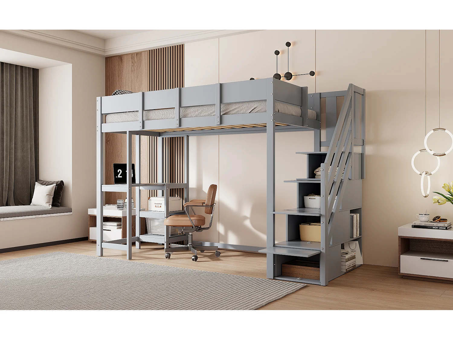 Lit superposé multifonction avec rangement intégré, structure en pin massif, gris, avec échelle et tablette (252x96x160cm)