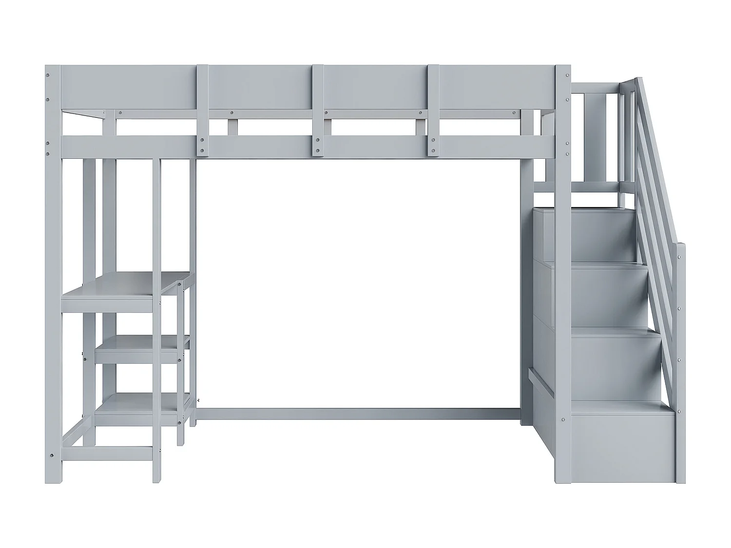 Lit superposé multifonction avec rangement intégré, structure en pin massif, gris, avec échelle et tablette (252x96x160cm)