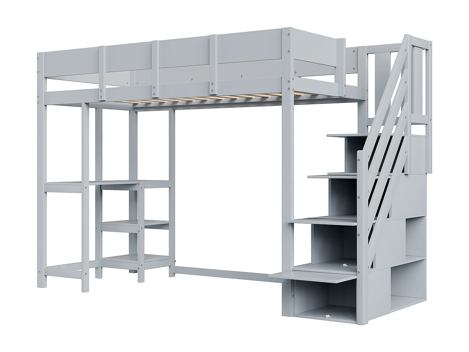 Lit superposé multifonction avec rangement intégré, structure en pin massif, gris, avec échelle et tablette (252x96x160cm)