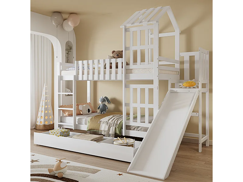 Lit superposé enfant avec tiroir roulant et toboggan, pin + MDF + contreplaqué, blanc (247.5x173.5x227cm)
