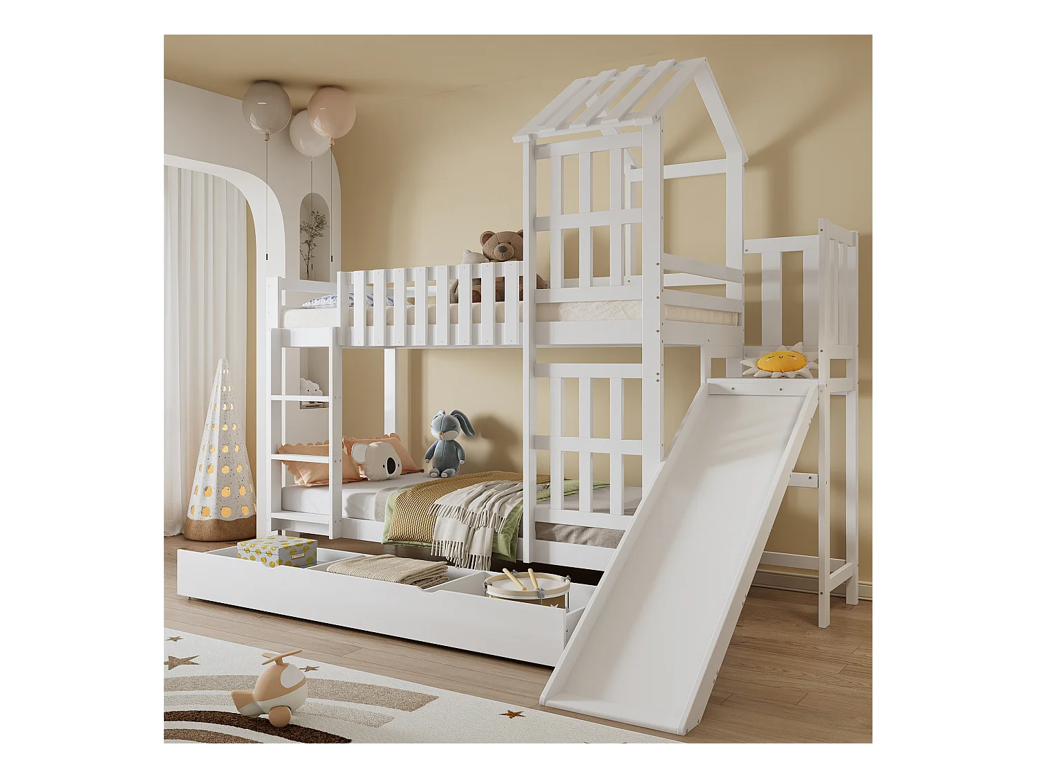 Lit superposé enfant avec tiroir roulant et toboggan, pin + MDF + contreplaqué, blanc (247.5x173.5x227cm)