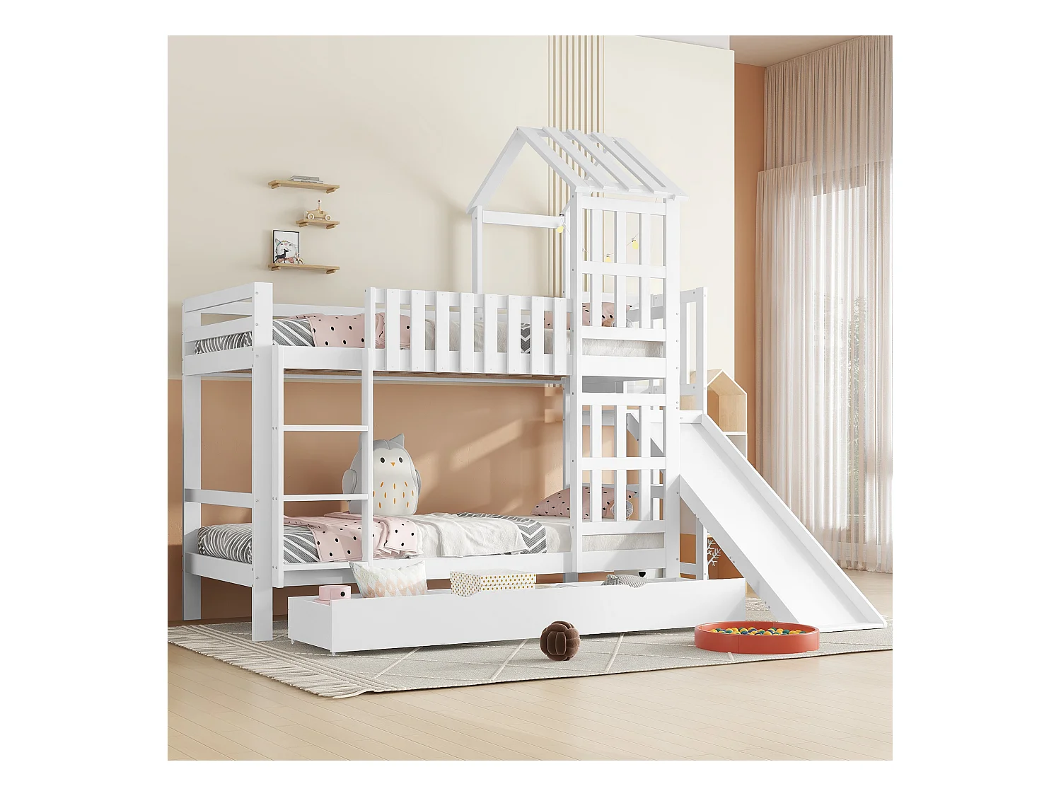 Lit superposé enfant avec tiroir roulant et toboggan, pin + MDF + contreplaqué, blanc (247.5x173.5x227cm)