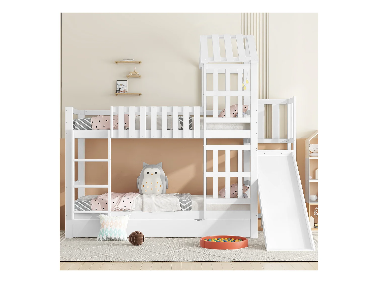 Lit superposé enfant avec tiroir roulant et toboggan, pin + MDF + contreplaqué, blanc (247.5x173.5x227cm)