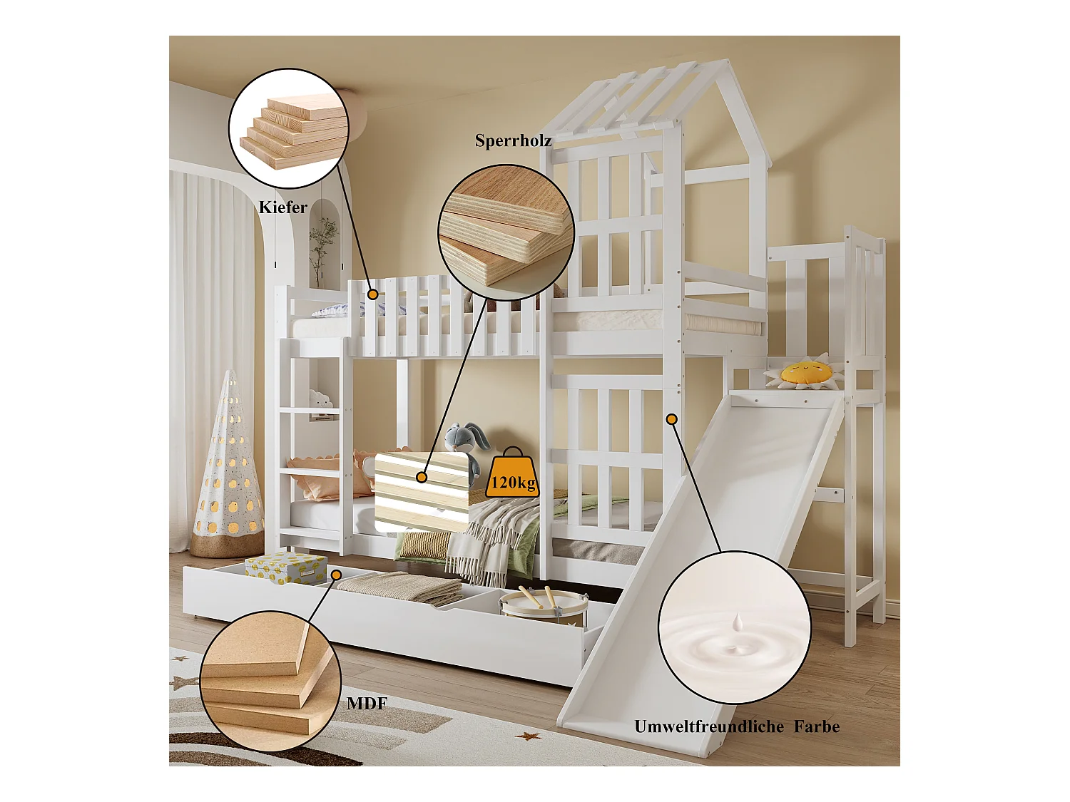 Lit superposé enfant avec tiroir roulant et toboggan, pin + MDF + contreplaqué, blanc (247.5x173.5x227cm)