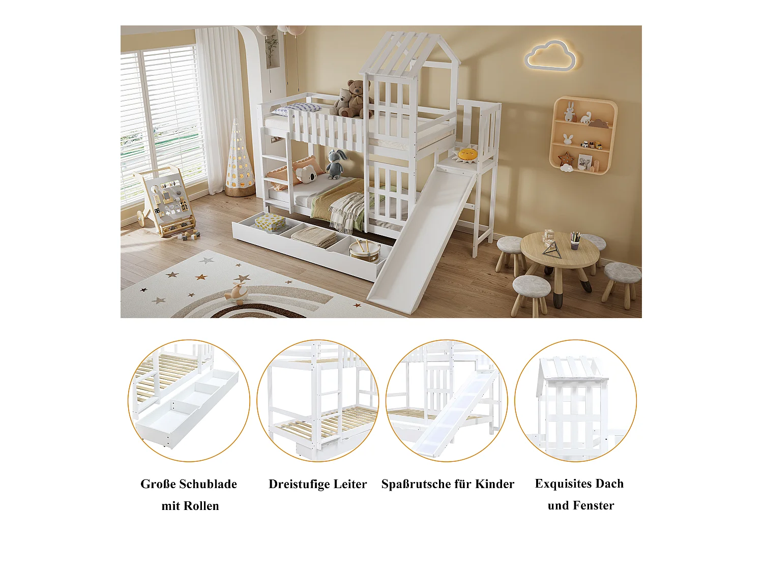 Lit superposé enfant avec tiroir roulant et toboggan, pin + MDF + contreplaqué, blanc (247.5x173.5x227cm)