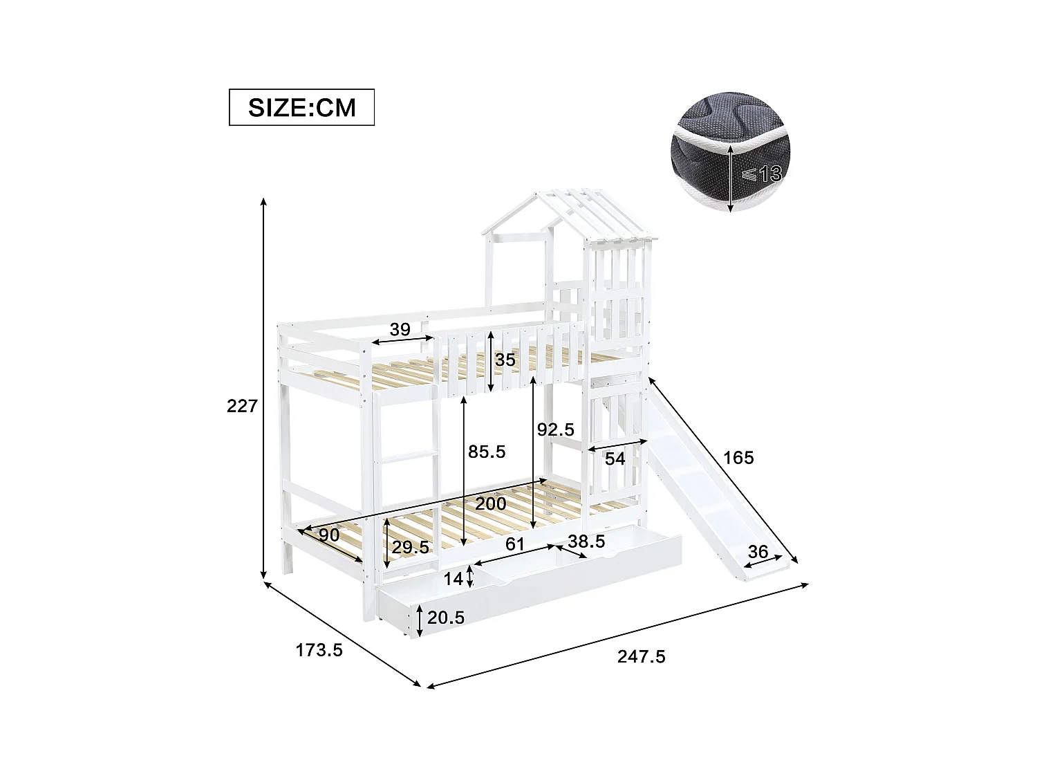 Lit superposé enfant avec tiroir roulant et toboggan, pin + MDF + contreplaqué, blanc (247.5x173.5x227cm)