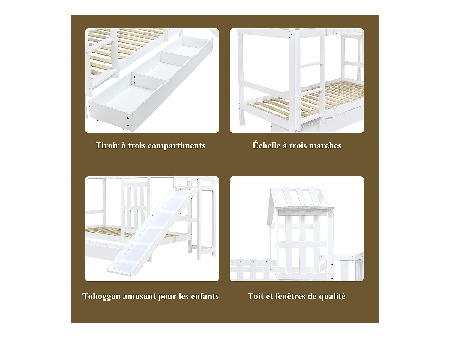 Lit superposé enfant avec tiroir roulant et toboggan, pin + MDF + contreplaqué, blanc (247.5x173.5x227cm)