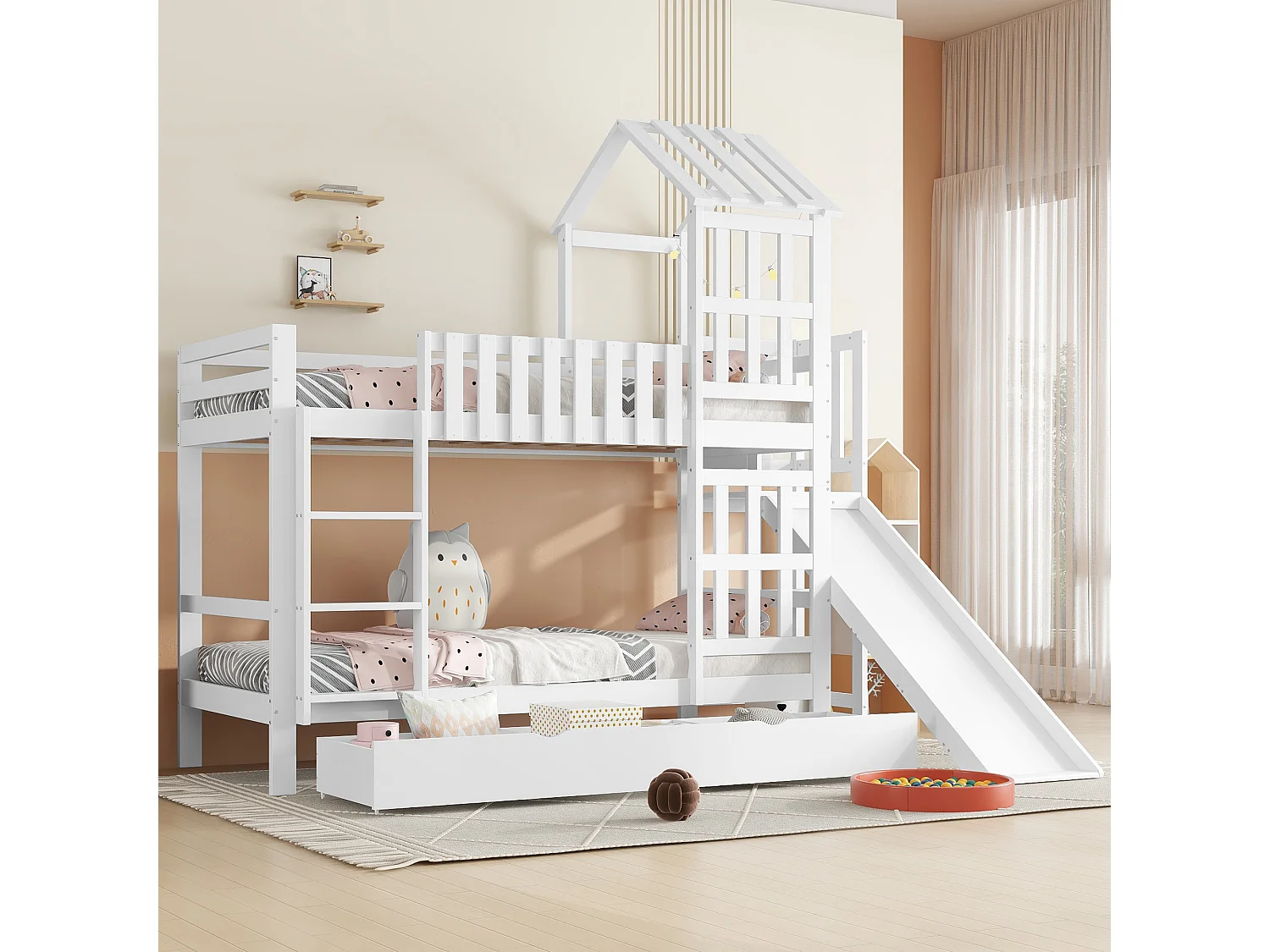 Letto a castello per bambini con cassetto scorrevole e scivolo, pino + MDF + compensato, bianco (247,5x173,5x227cm)