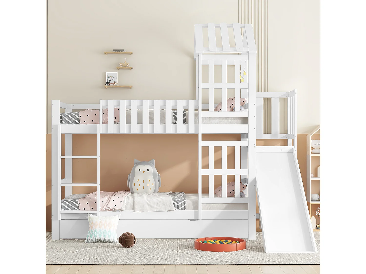 Letto a castello per bambini con cassetto scorrevole e scivolo, pino + MDF + compensato, bianco (247,5x173,5x227cm)