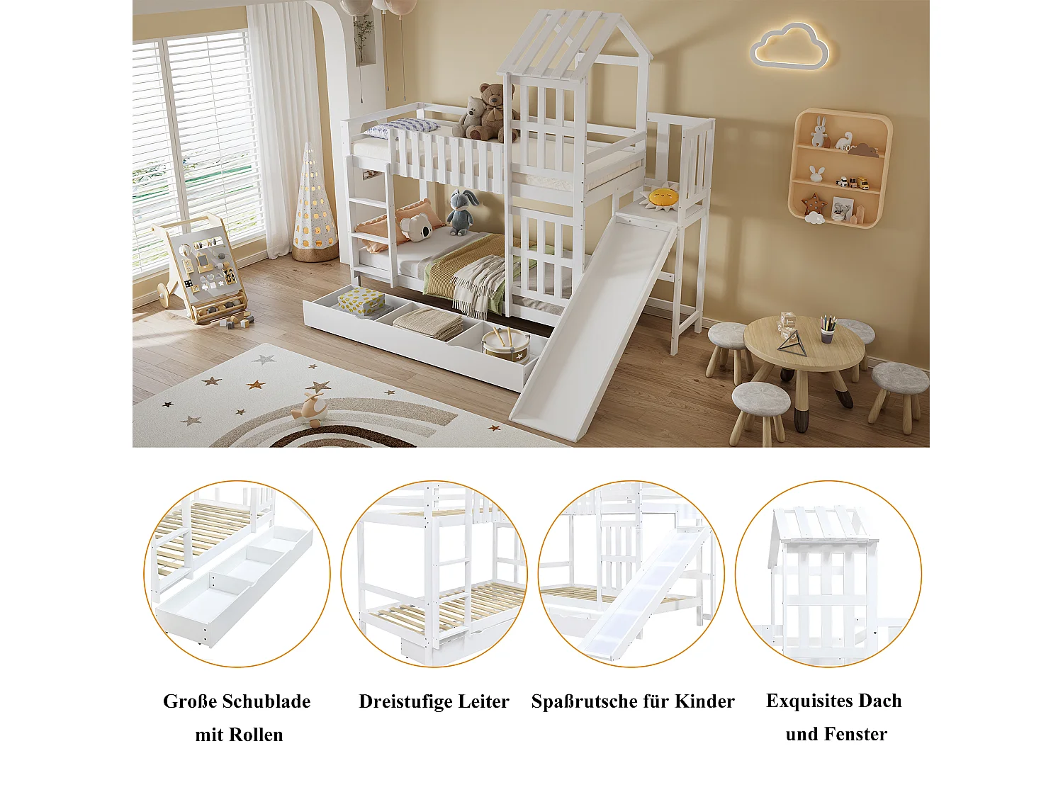 Letto a castello per bambini con cassetto scorrevole e scivolo, pino + MDF + compensato, bianco (247,5x173,5x227cm)