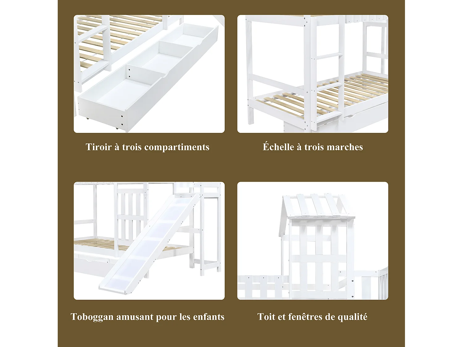 Letto a castello per bambini con cassetto scorrevole e scivolo, pino + MDF + compensato, bianco (247,5x173,5x227cm)