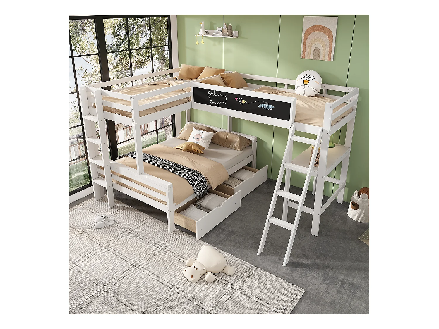 Lit superposé enfant avec bureau et rangement, en pin massif, blanc et chêne, 3 places (140x200 cm et 90x200 cm)