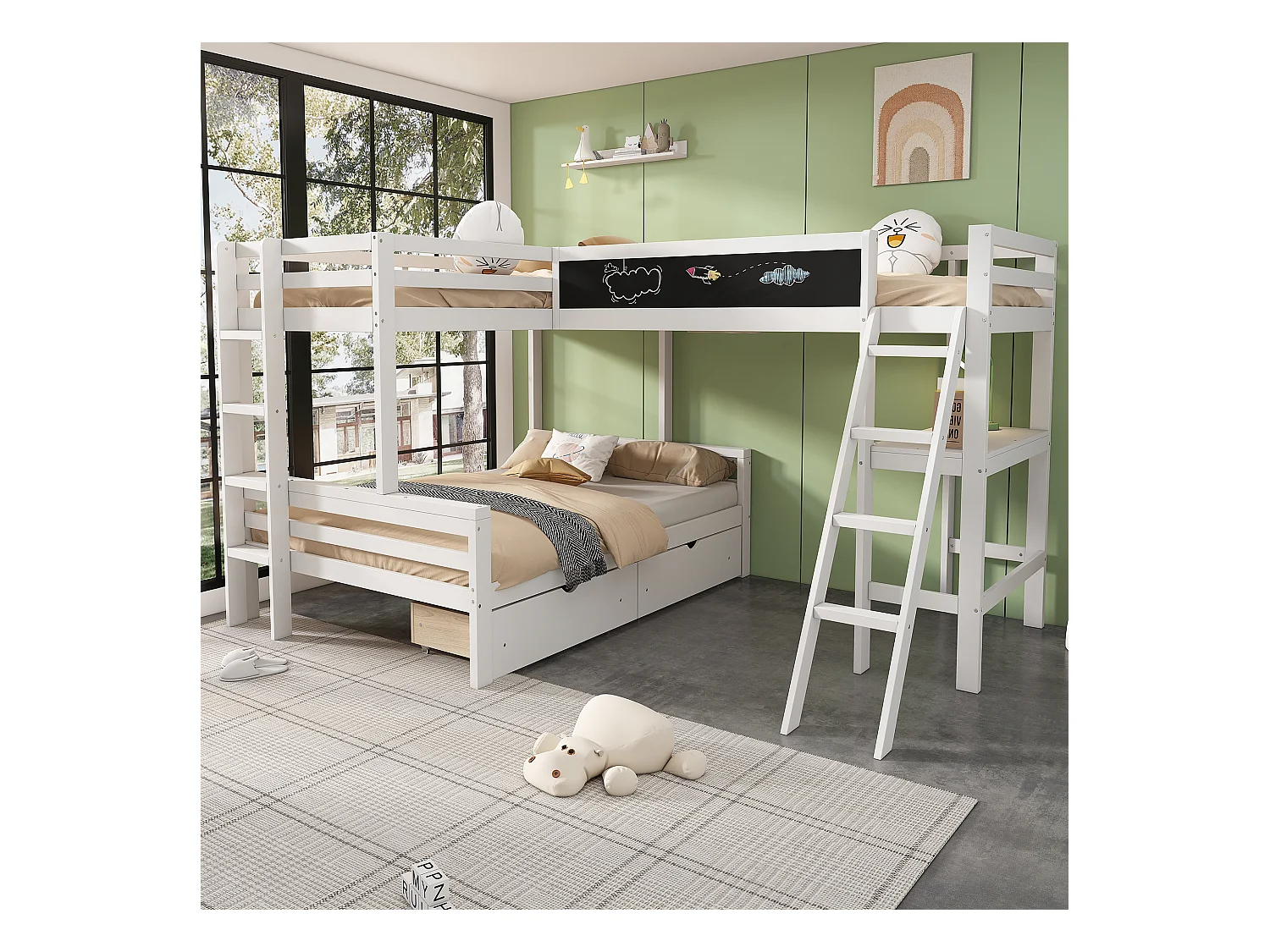 Lit superposé enfant avec bureau et rangement, en pin massif, blanc et chêne, 3 places (140x200 cm et 90x200 cm)