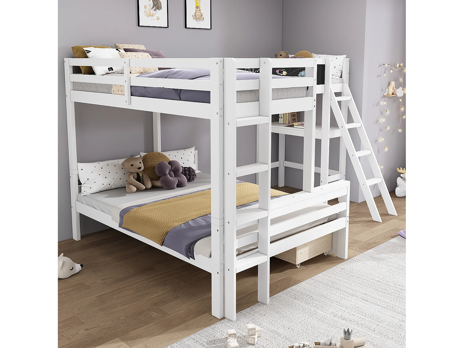 Lit superposé enfant avec bureau et rangement, en pin massif, blanc et chêne, 3 places (140x200 cm et 90x200 cm)