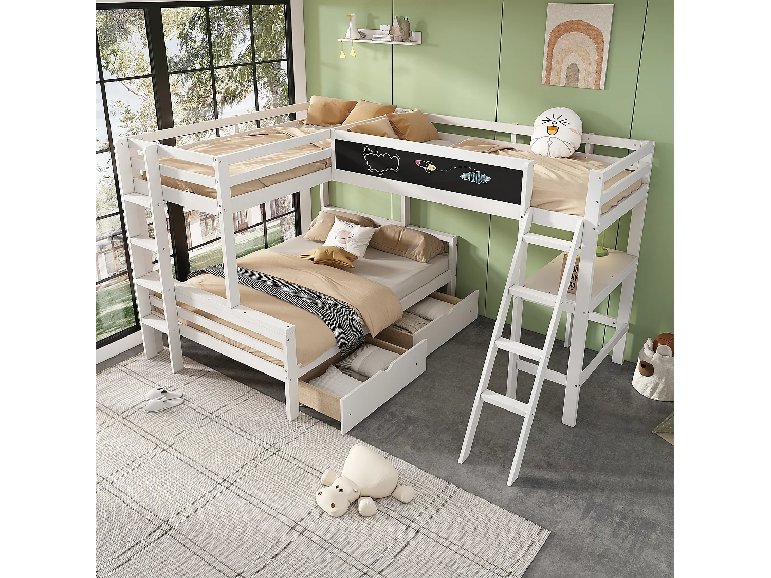 Lit superposé enfant avec bureau et rangement, en pin massif, blanc et chêne, 3 places (140x200 cm et 90x200 cm)