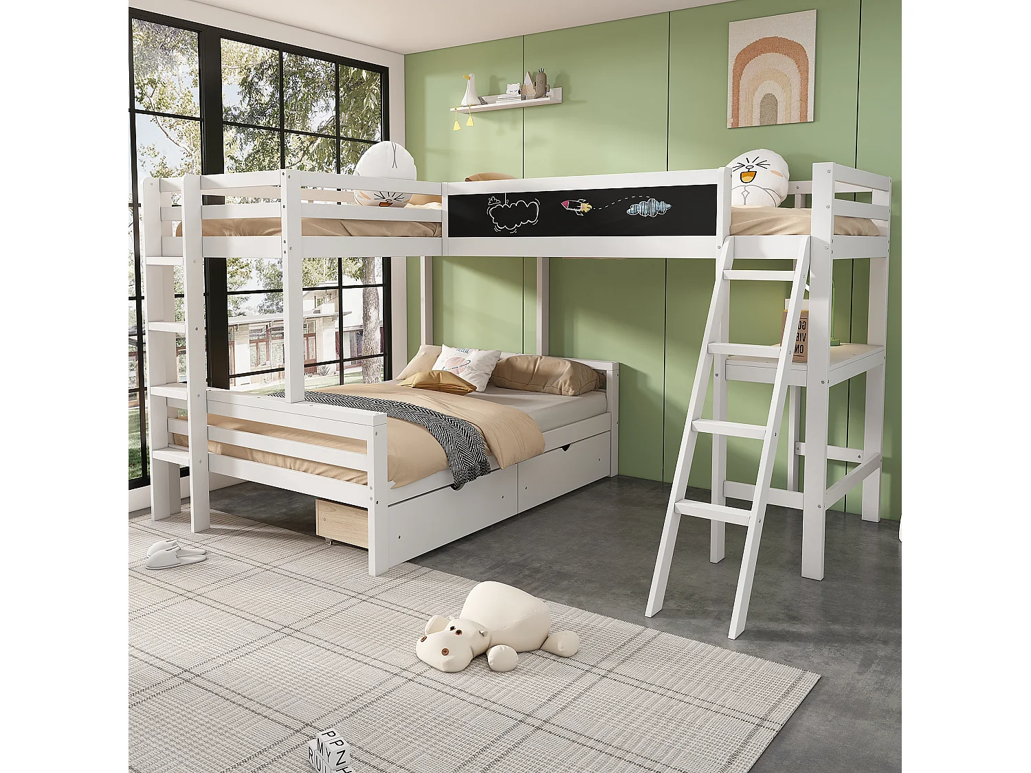 Lit superposé enfant avec bureau et rangement, en pin massif, blanc et chêne, 3 places (140x200 cm et 90x200 cm)