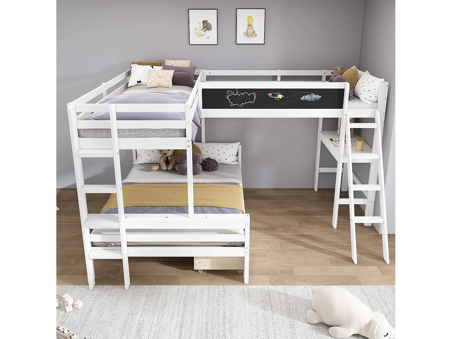 Lit superposé enfant avec bureau et rangement, en pin massif, blanc et chêne, 3 places (140x200 cm et 90x200 cm)