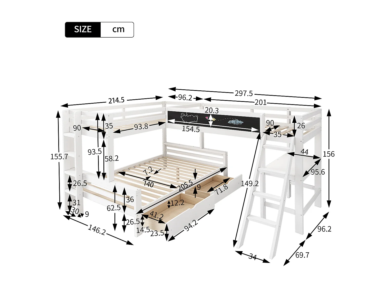 Lit superposé enfant avec bureau et rangement, en pin massif, blanc et chêne, 3 places (140x200 cm et 90x200 cm)