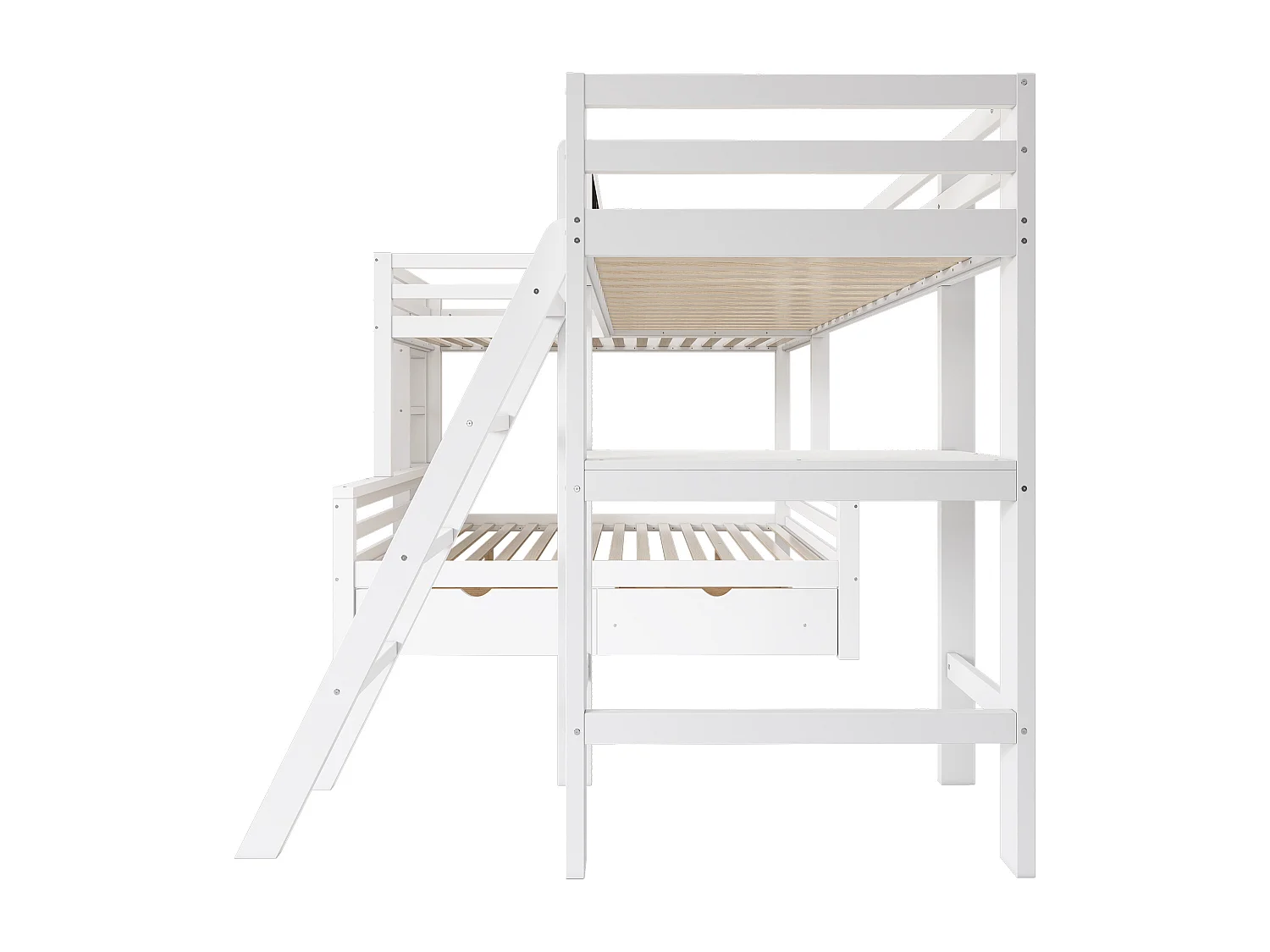 Lit superposé enfant avec bureau et rangement, en pin massif, blanc et chêne, 3 places (140x200 cm et 90x200 cm)